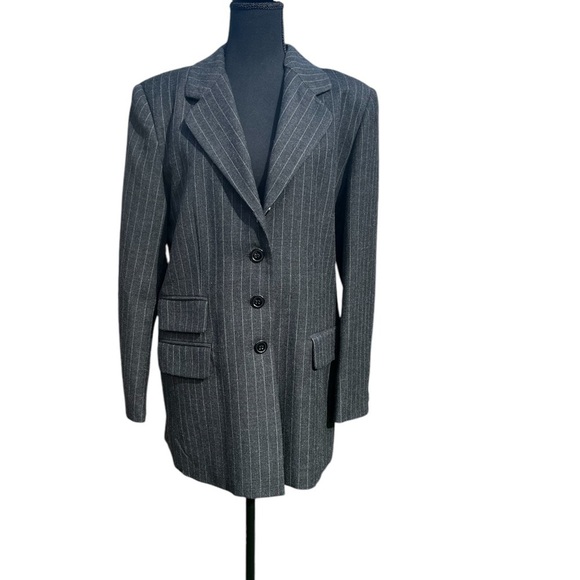 Women’s dark gray white striped pantsuit by Jessica Holbrook Sze 12 blck buttons - Picture 3 of 7